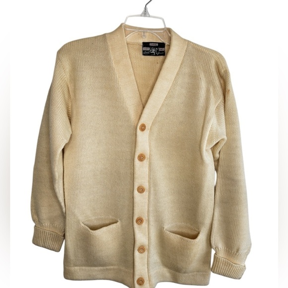 Vintage Cardigan Sweater Acrylic Men's Small Cream Grandpa Grunge Kurt Cobain - Picture 6 of 14